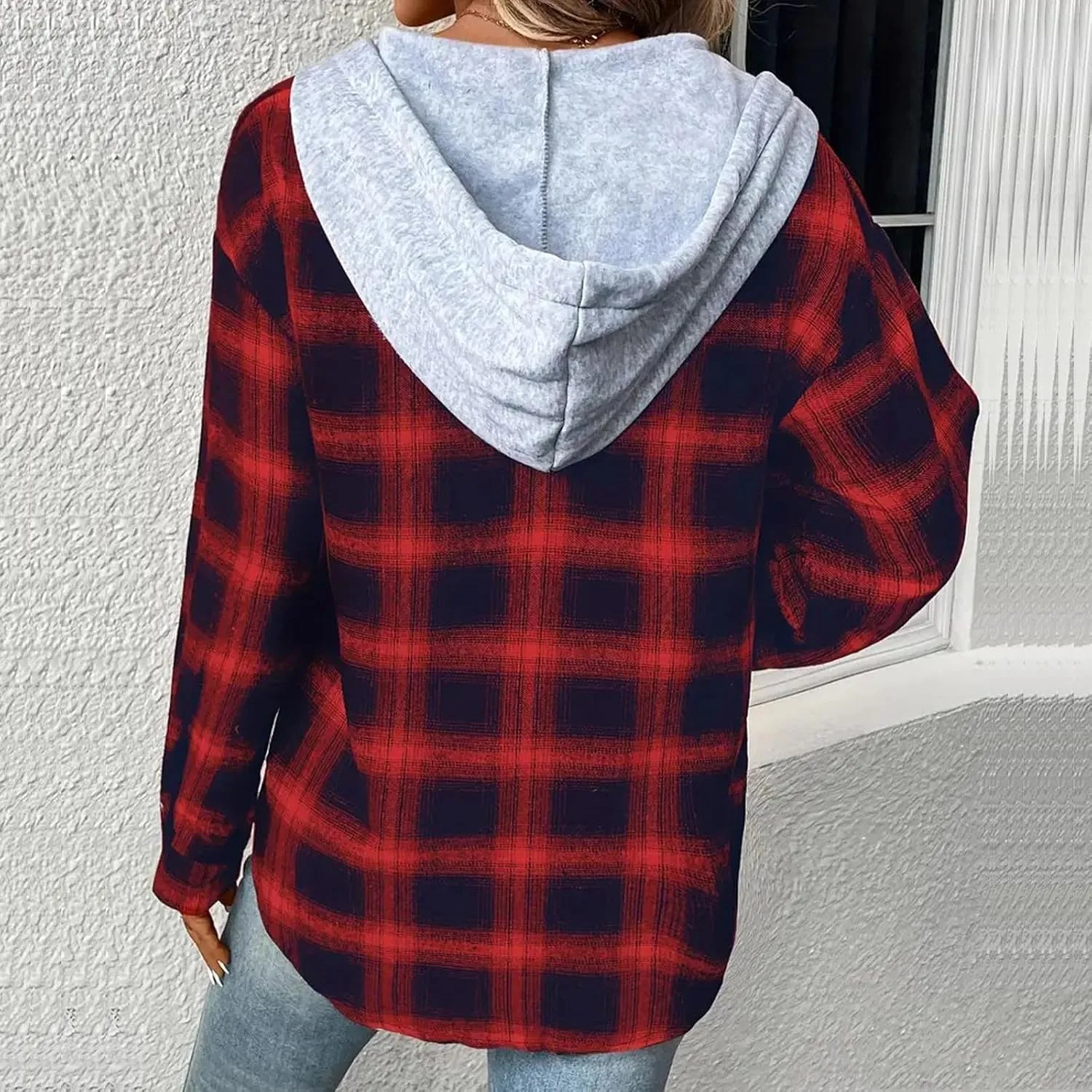 Hooded Flannel Shirts for Women Plaid Shacket Jacket Button Down Long Sleeve Brushed Plaid Shirts Hoodie Coats