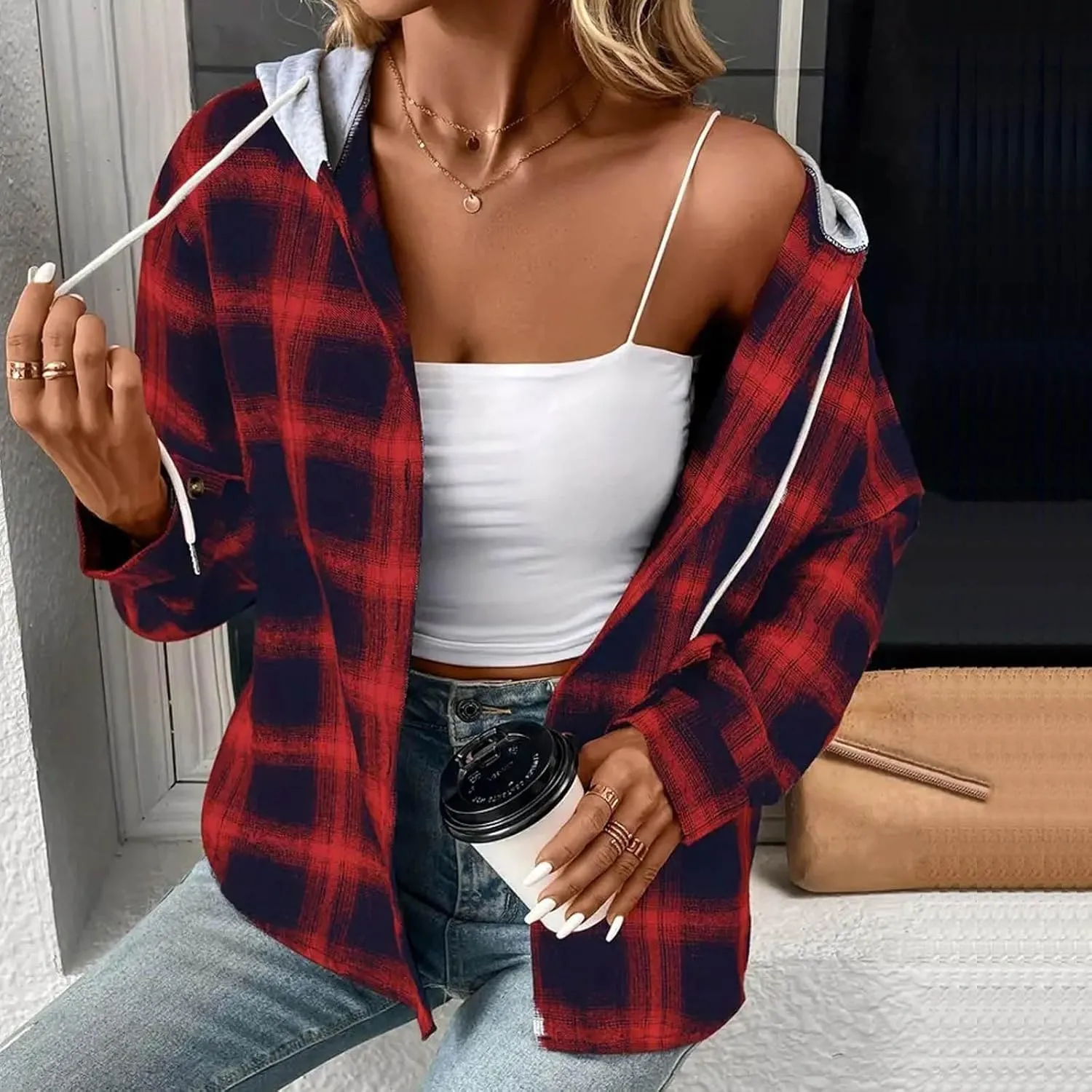 Hooded Flannel Shirts for Women Plaid Shacket Jacket Button Down Long Sleeve Brushed Plaid Shirts Hoodie Coats