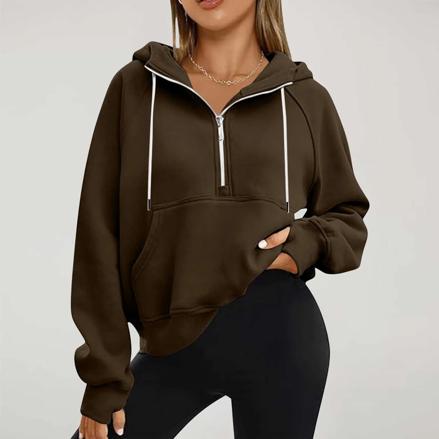 Hoodies for Teen Girls Half Zip Crop Sweatshirt Drawstring Pullover Going Out Cute Fashion Dating Shirts Thumb Hole