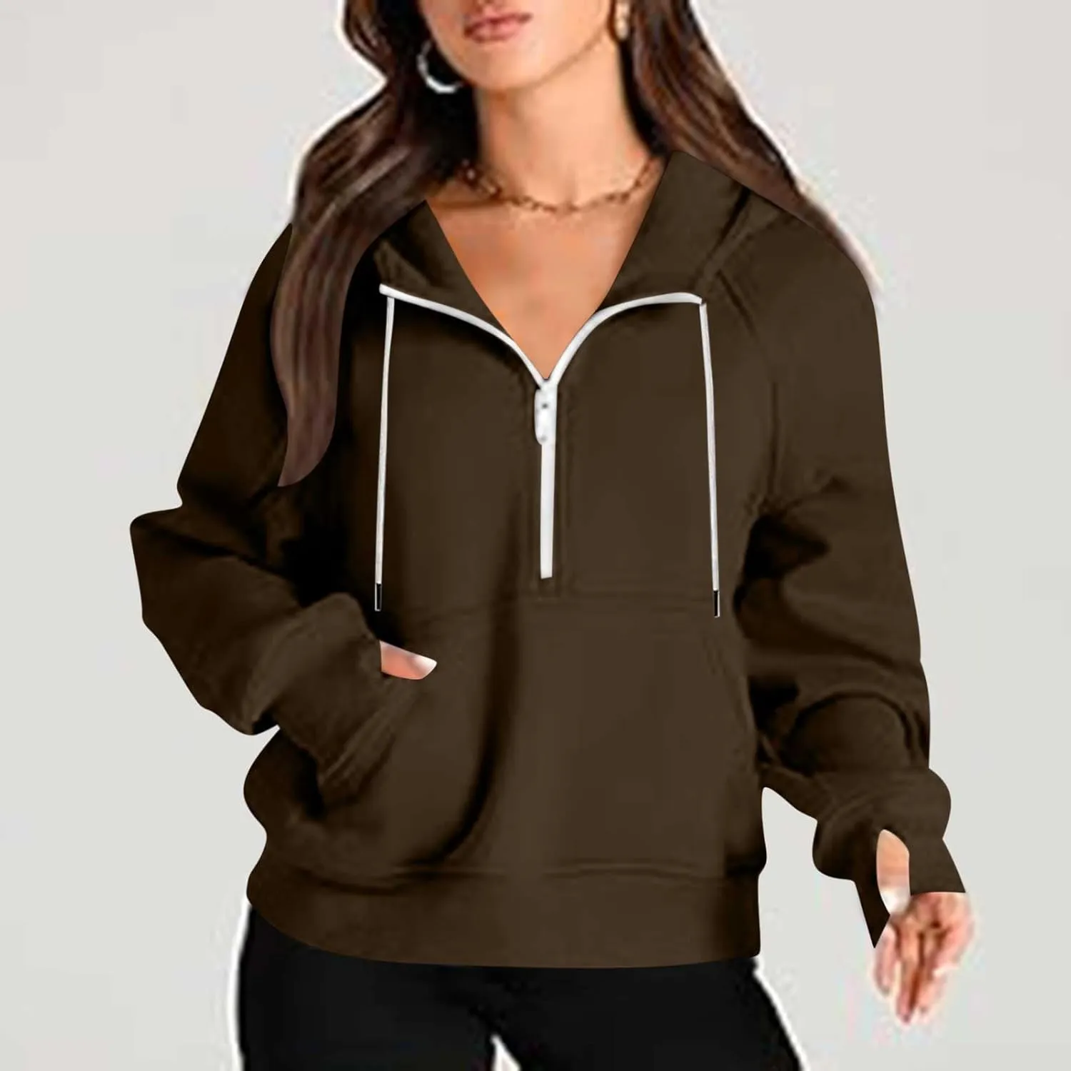 Hoodies for Teen Girls Half Zip Crop Sweatshirt Drawstring Pullover Going Out Cute Fashion Dating Shirts Thumb Hole