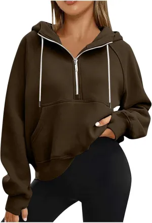 Hoodies for Teen Girls Half Zip Crop Sweatshirt Drawstring Pullover Going Out Cute Fashion Dating Shirts Thumb Hole