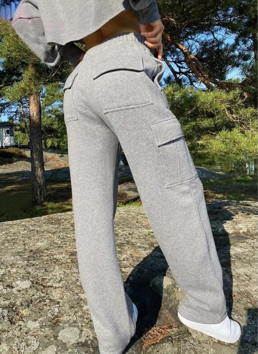 HOPYOP Womens Sweatpants Wide Leg Pants for Women Fall Winter Baggy V Crossover Womens Sweat Pants with Pockets