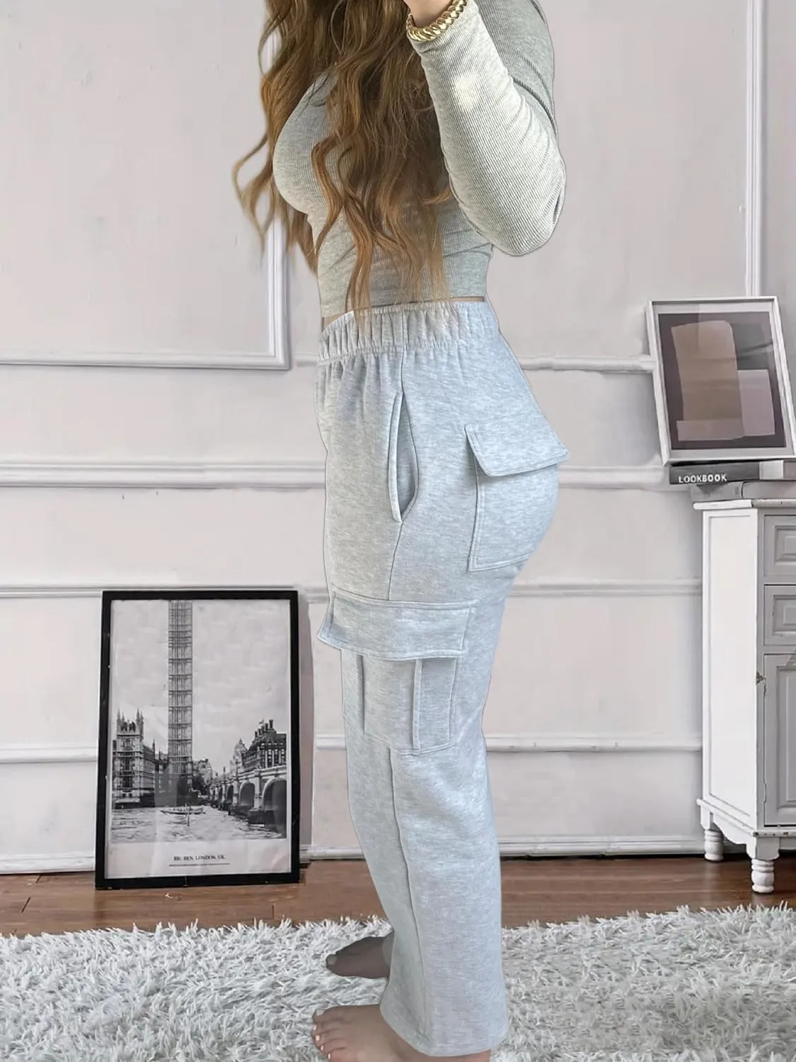HOPYOP Womens Sweatpants Wide Leg Pants for Women Fall Winter Baggy V Crossover Womens Sweat Pants with Pockets