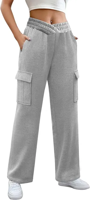 HOPYOP Womens Sweatpants Wide Leg Pants for Women Fall Winter Baggy V Crossover Womens Sweat Pants with Pockets