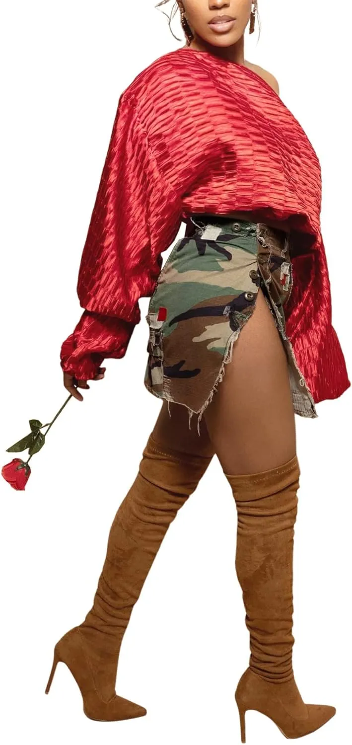Hotmiss Camo Skirts for Women High Waisted Mini Skirt with Pocket Camouflage Skirt with Split