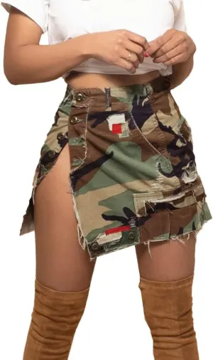 Hotmiss Camo Skirts for Women High Waisted Mini Skirt with Pocket Camouflage Skirt with Split