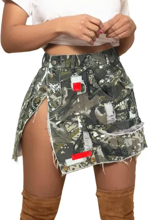Hotmiss Camo Skirts for Women High Waisted Mini Skirt with Pocket Camouflage Skirt with Split