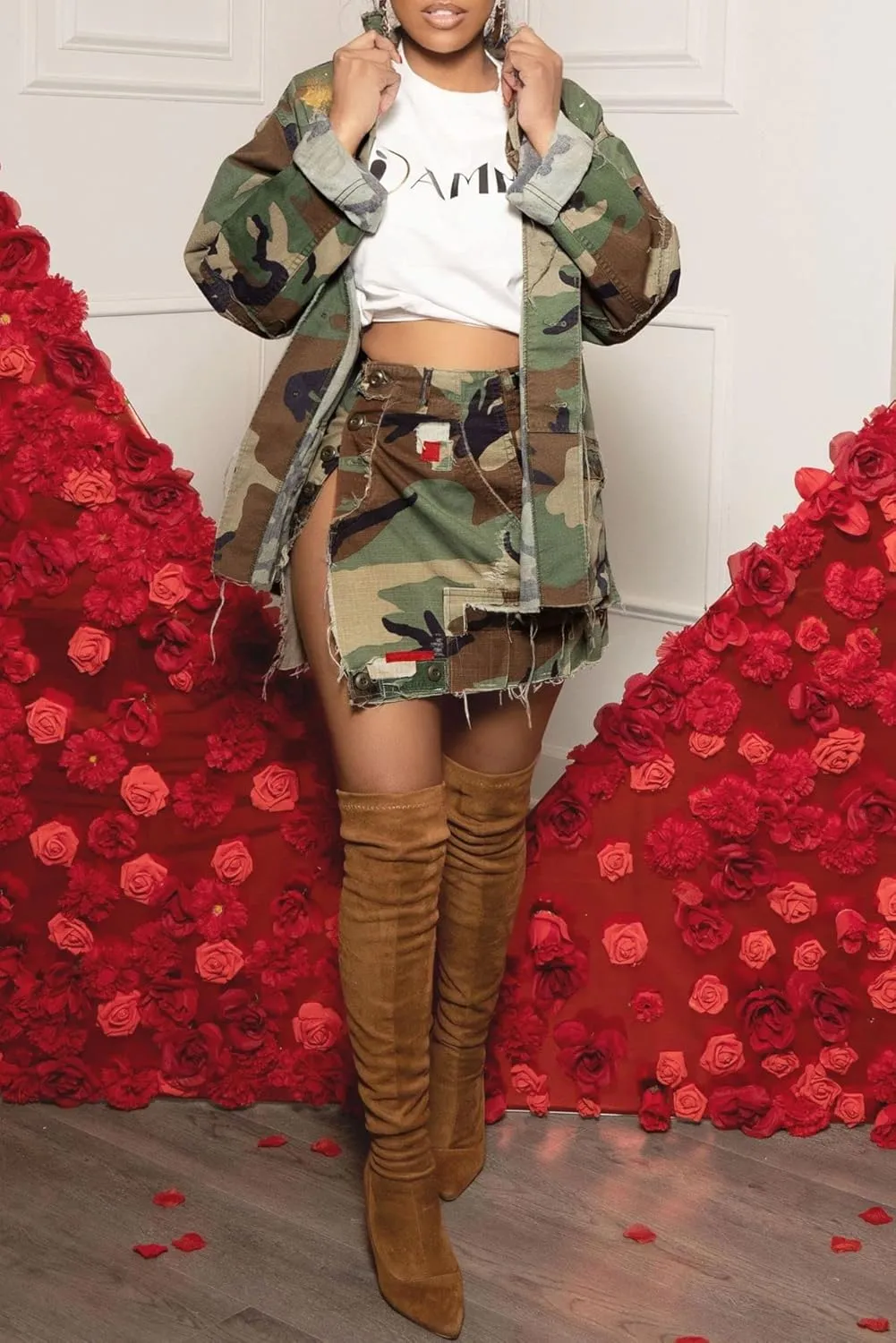 Hotmiss Camo Skirts for Women High Waisted Mini Skirt with Pocket Camouflage Skirt with Split