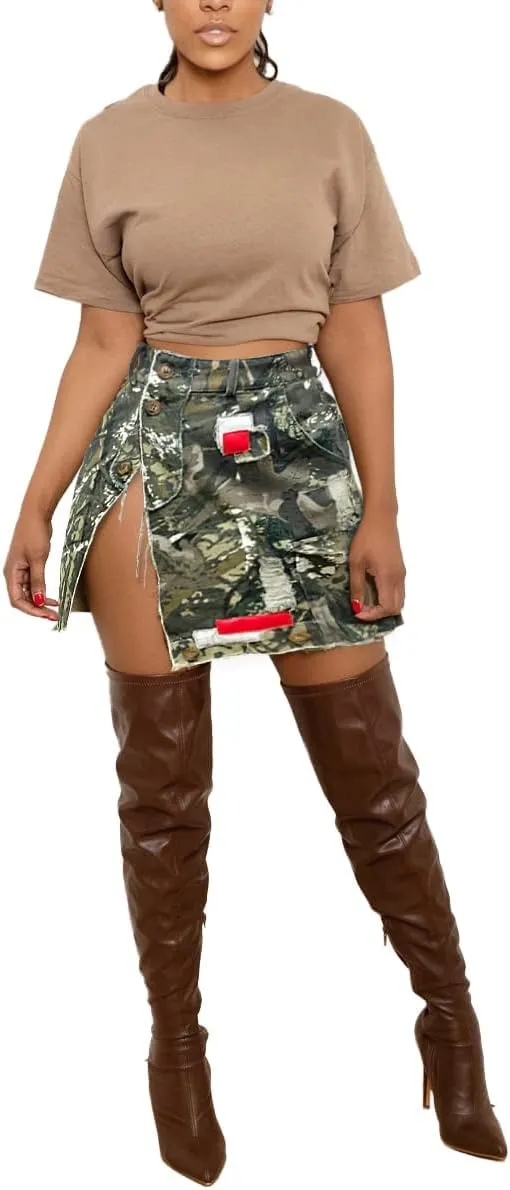 Hotmiss Camo Skirts for Women High Waisted Mini Skirt with Pocket Camouflage Skirt with Split