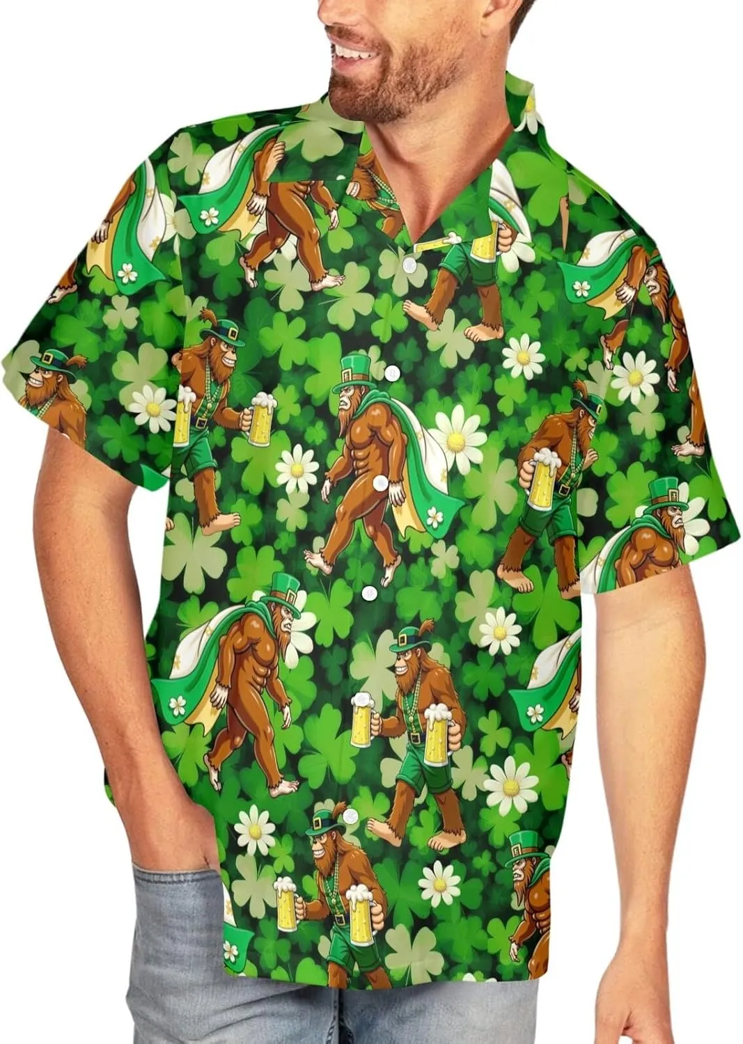 HUGLAZY Bigfoot Hawaiian Shirt for Men Bigfoot Christmas Shirts Button Down Short Sleeve Funny Party Outfit