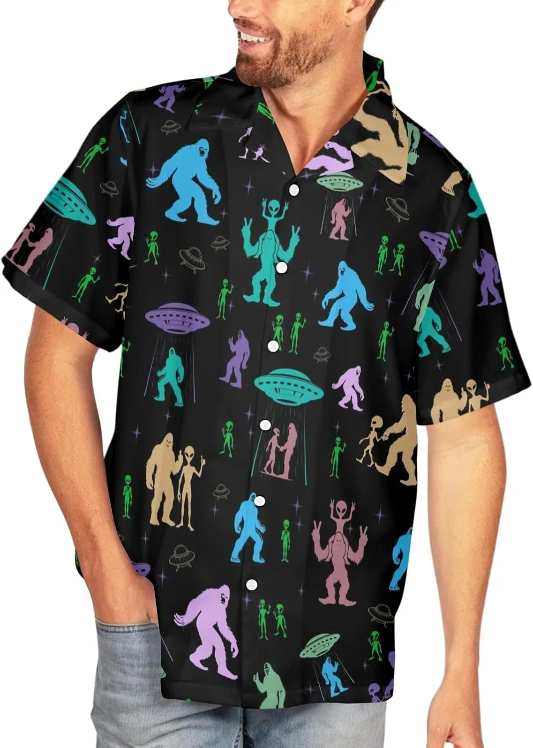 HUGLAZY Bigfoot Hawaiian Shirt for Men Bigfoot Christmas Shirts Button Down Short Sleeve Funny Party Outfit