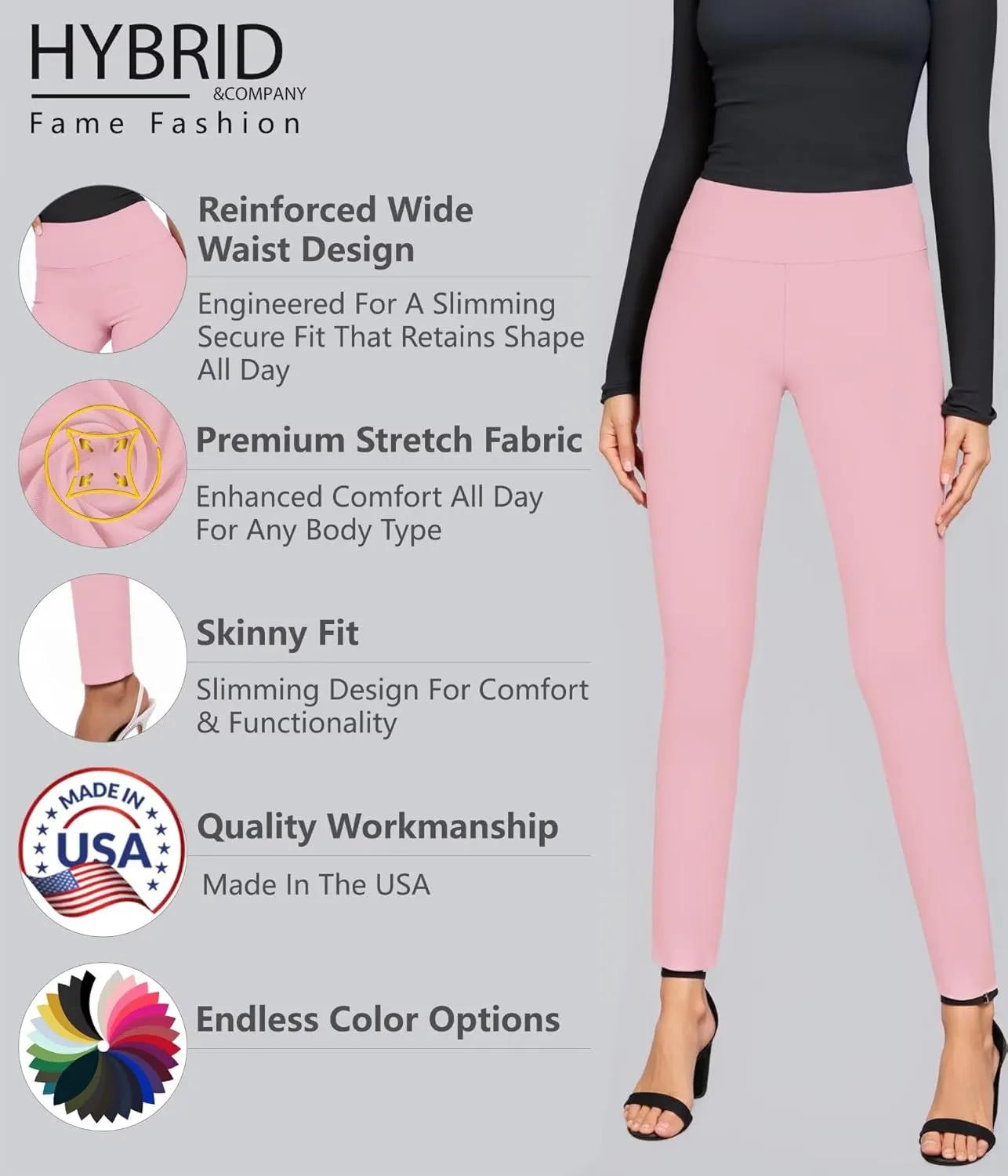Hybrid & Company Women Stretch Skinny Dress Pants Nylon Ponte Pull On Office Leggings Trousers