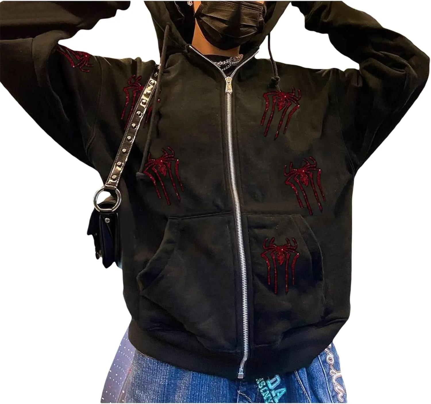 ICNGLKSND Women Zip Up Hoodie Sweatshirt Solid Color Oversized Casual Coat Fall Goth Jacket Streetwear