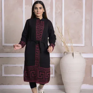 Imported Front Open Black & Pink Patterned Cozy Belted Cardigan Sweater - (CGN61)