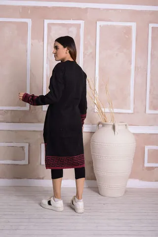 Imported Front Open Black & Pink Patterned Cozy Belted Cardigan Sweater - (CGN61)