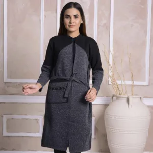 Imported Front Open Charcoal Grey & Black Cozy Belted Cardigan Sweater - (CGN65)