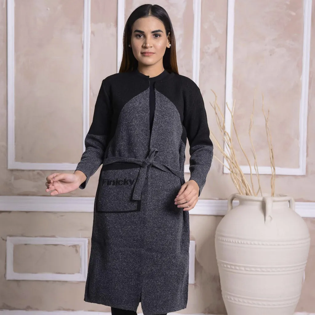 Imported Front Open Charcoal Grey & Black Cozy Belted Cardigan Sweater - (CGN65)