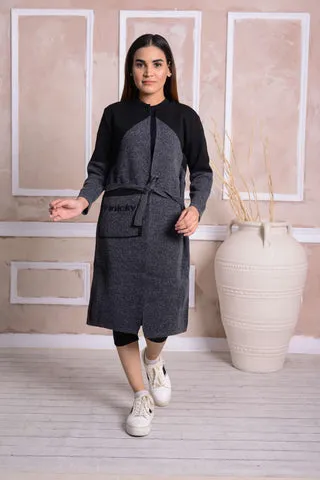 Imported Front Open Charcoal Grey & Black Cozy Belted Cardigan Sweater - (CGN65)