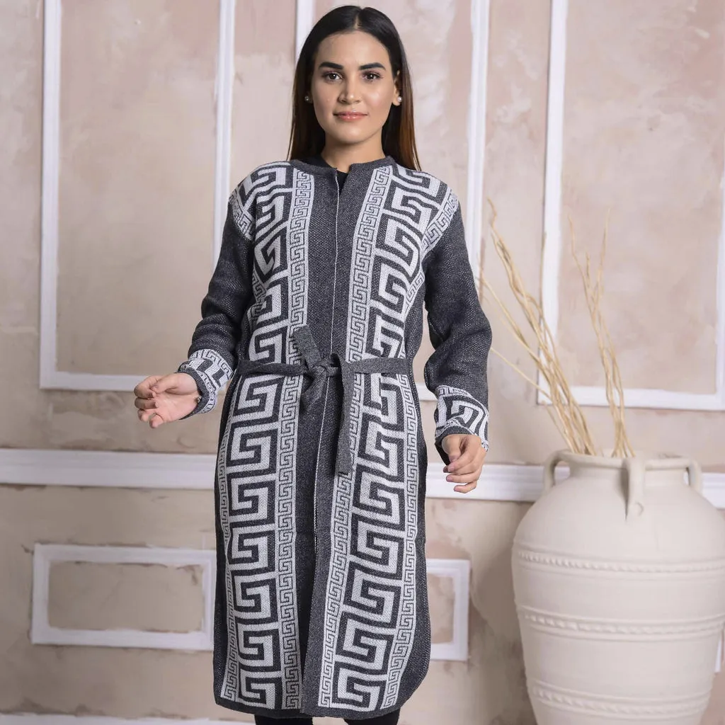 Imported Front Open Gunpowder & Grey Patterned Cozy Belted Cardigan Sweater - (CGN58)