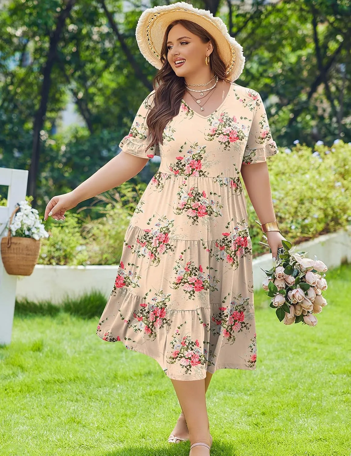 IN'VOLAND Womens Plus Size Short Sleeve Dress Summer Midi Casual Tiered V-Neck Aline Flowy Loose Dresses with Pockets