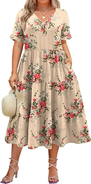 IN'VOLAND Womens Plus Size Short Sleeve Dress Summer Midi Casual Tiered V-Neck Aline Flowy Loose Dresses with Pockets
