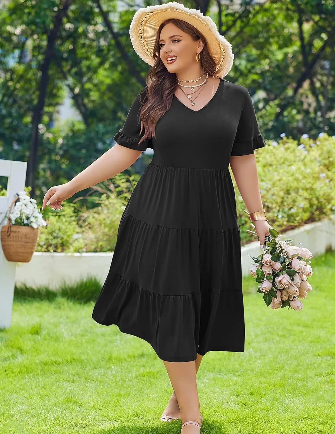 IN'VOLAND Womens Plus Size Short Sleeve Dress Summer Midi Casual Tiered V-Neck Aline Flowy Loose Dresses with Pockets