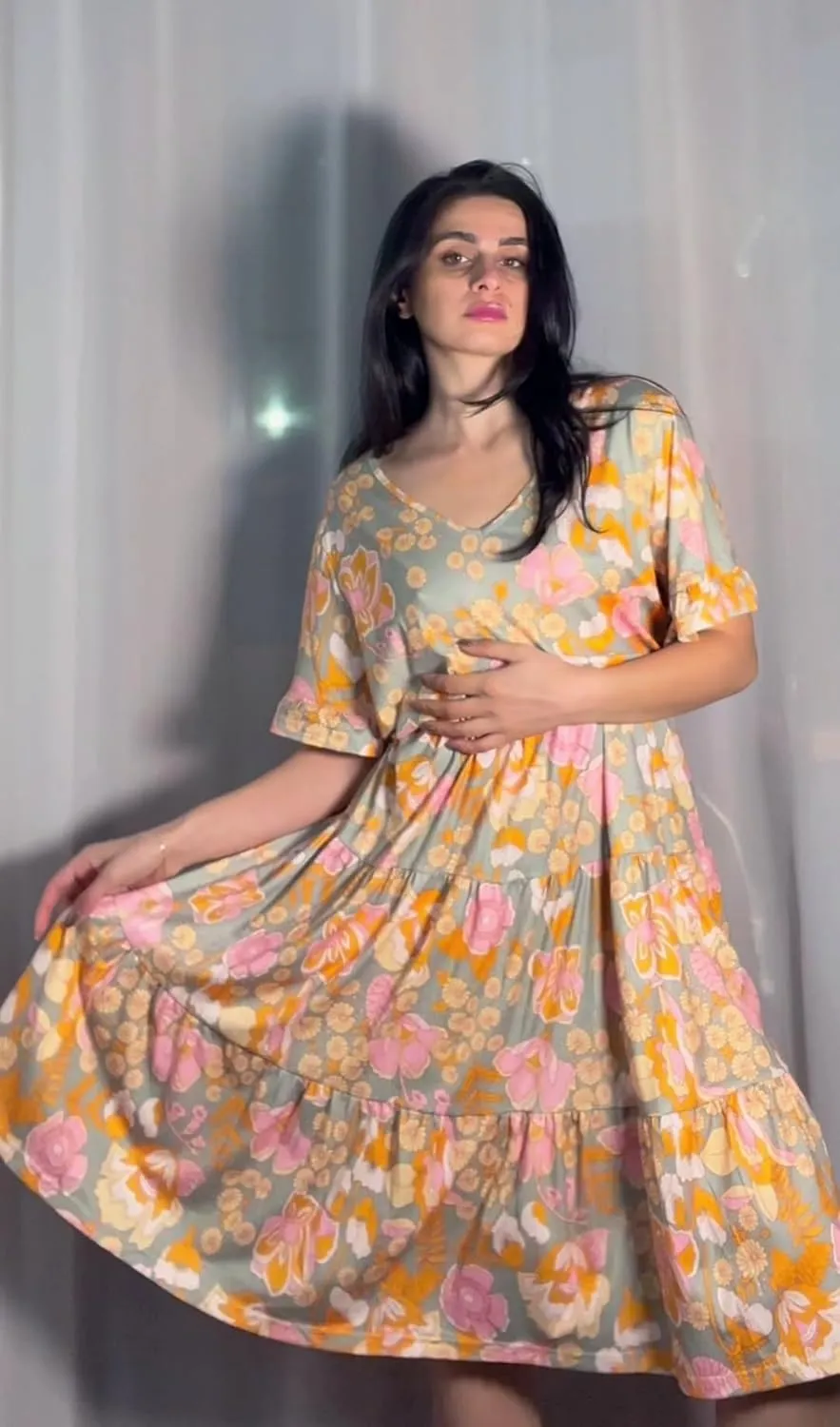 IN'VOLAND Womens Plus Size Short Sleeve Dress Summer Midi Casual Tiered V-Neck Aline Flowy Loose Dresses with Pockets