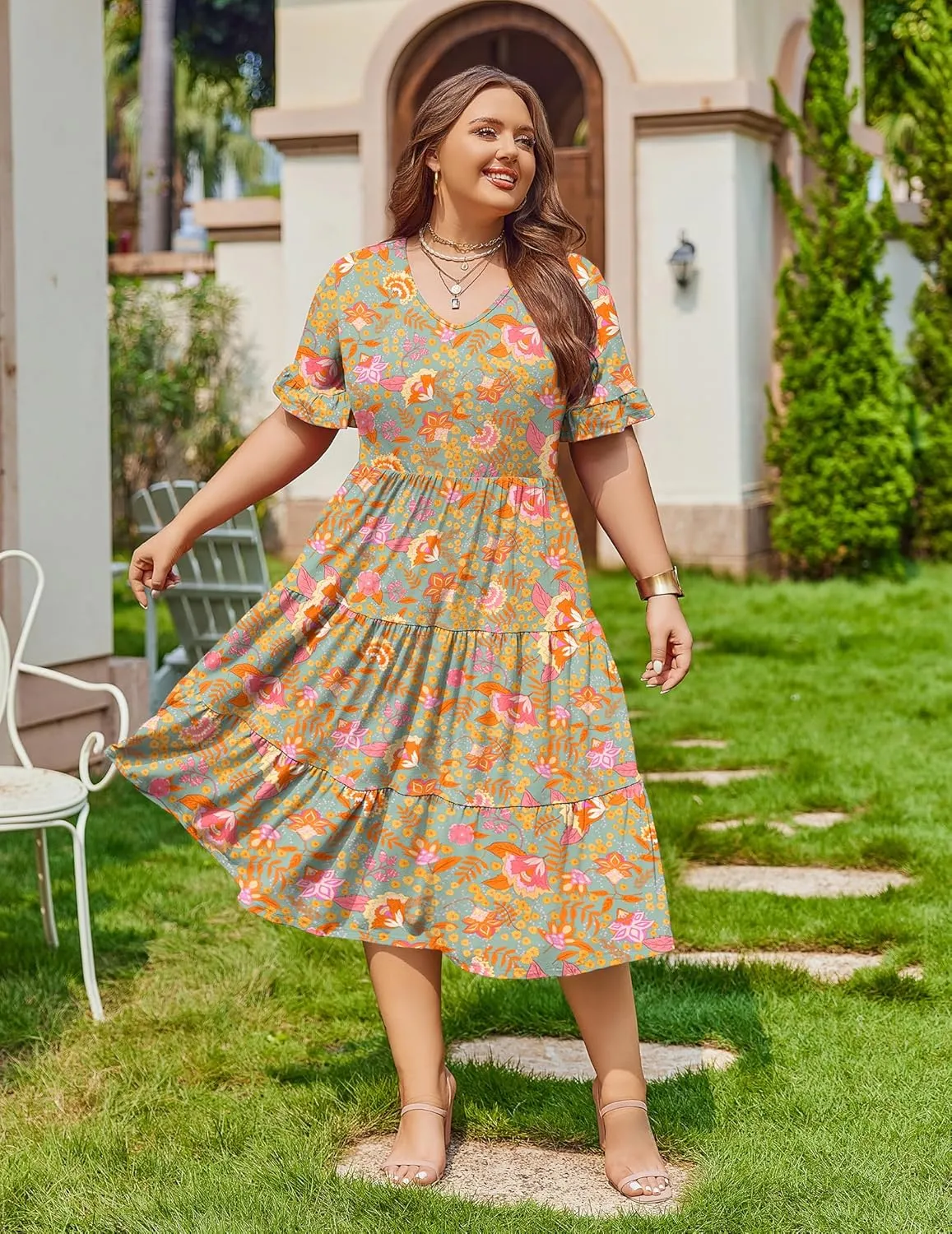 IN'VOLAND Womens Plus Size Short Sleeve Dress Summer Midi Casual Tiered V-Neck Aline Flowy Loose Dresses with Pockets