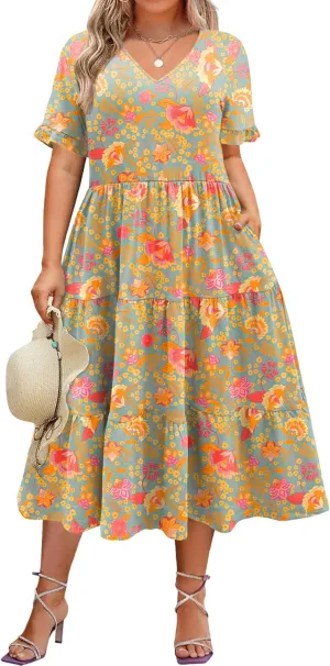 IN'VOLAND Womens Plus Size Short Sleeve Dress Summer Midi Casual Tiered V-Neck Aline Flowy Loose Dresses with Pockets