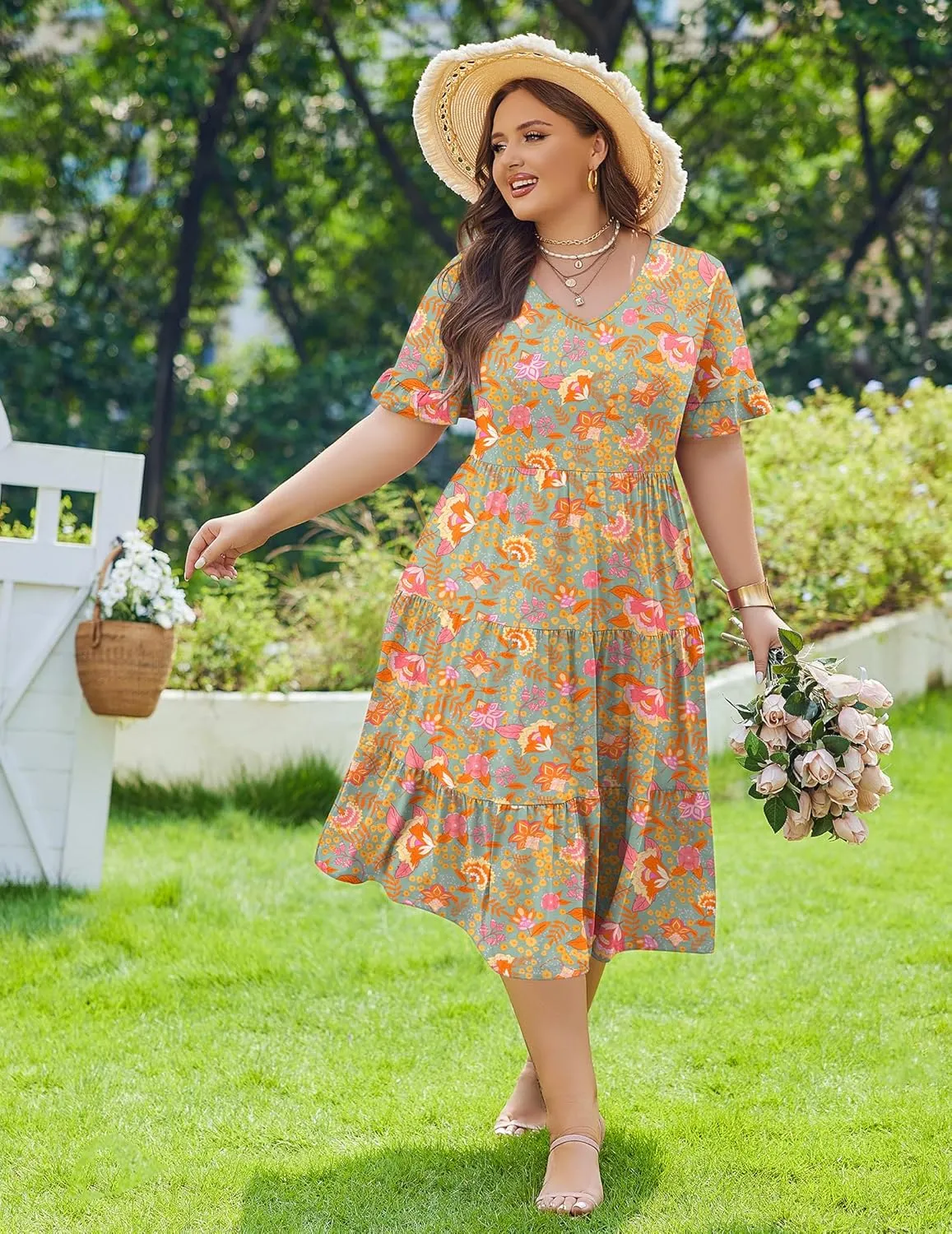 IN'VOLAND Womens Plus Size Short Sleeve Dress Summer Midi Casual Tiered V-Neck Aline Flowy Loose Dresses with Pockets