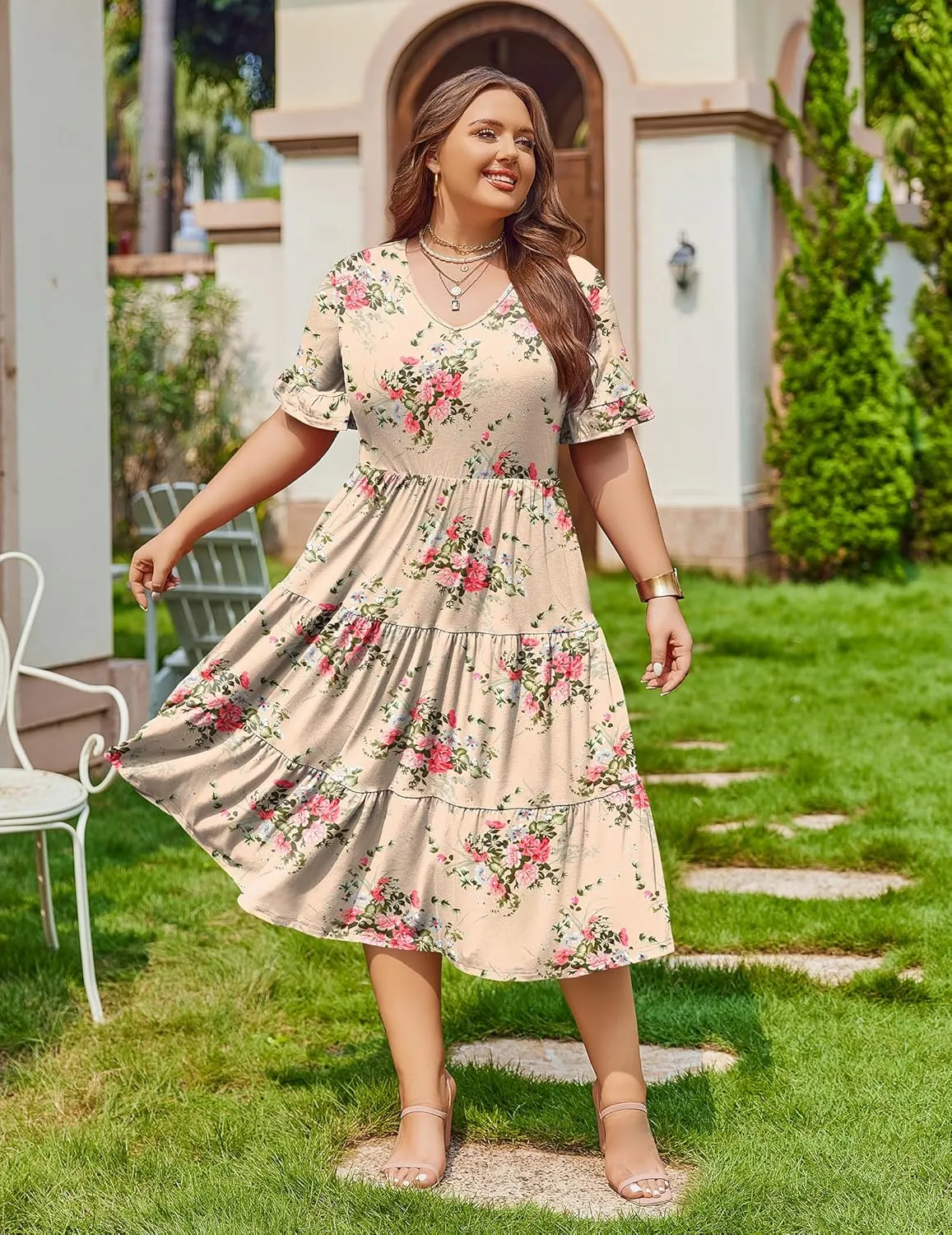 IN'VOLAND Womens Plus Size Short Sleeve Dress Summer Midi Casual Tiered V-Neck Aline Flowy Loose Dresses with Pockets
