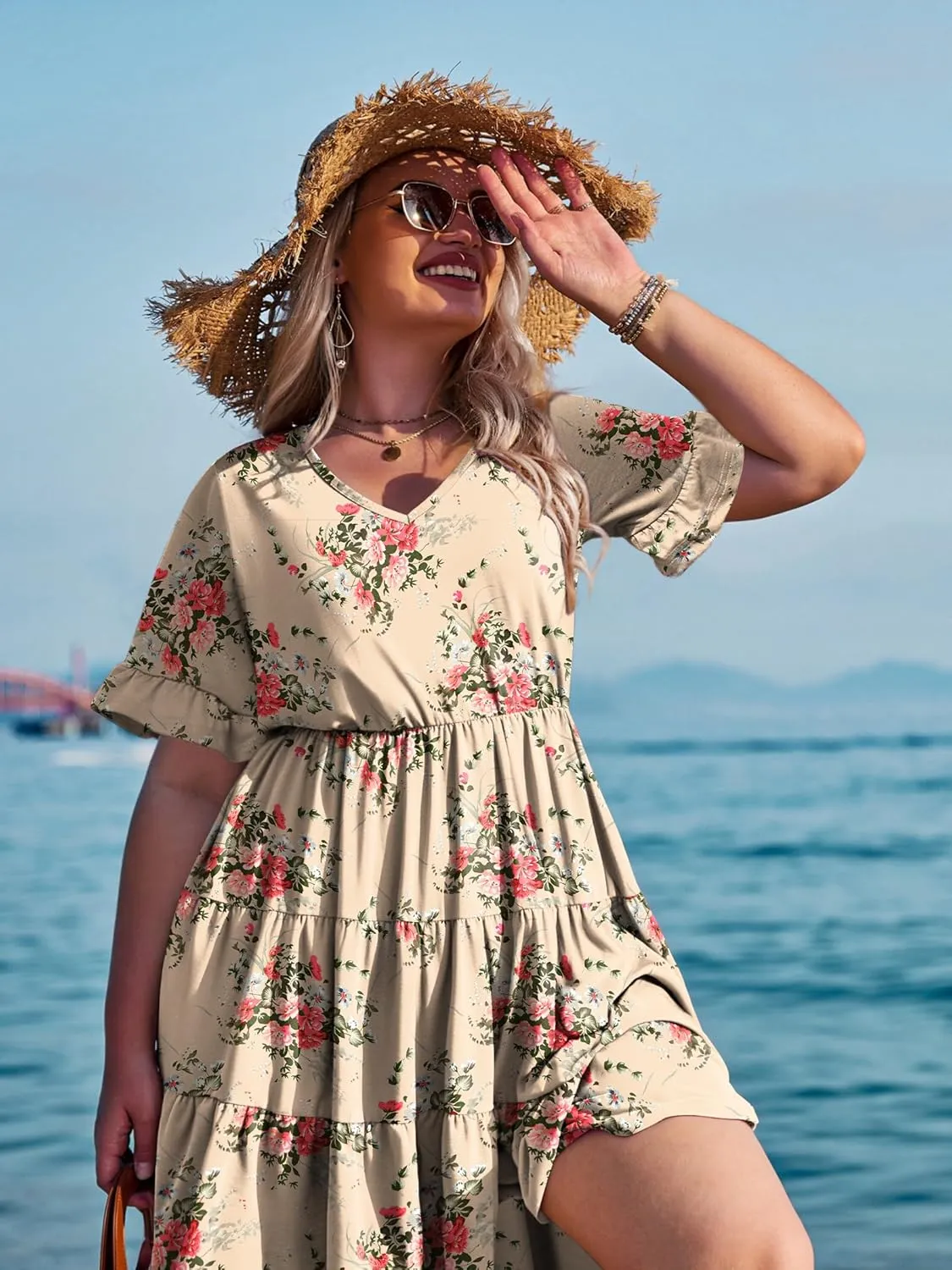 IN'VOLAND Womens Plus Size Short Sleeve Dress Summer Midi Casual Tiered V-Neck Aline Flowy Loose Dresses with Pockets
