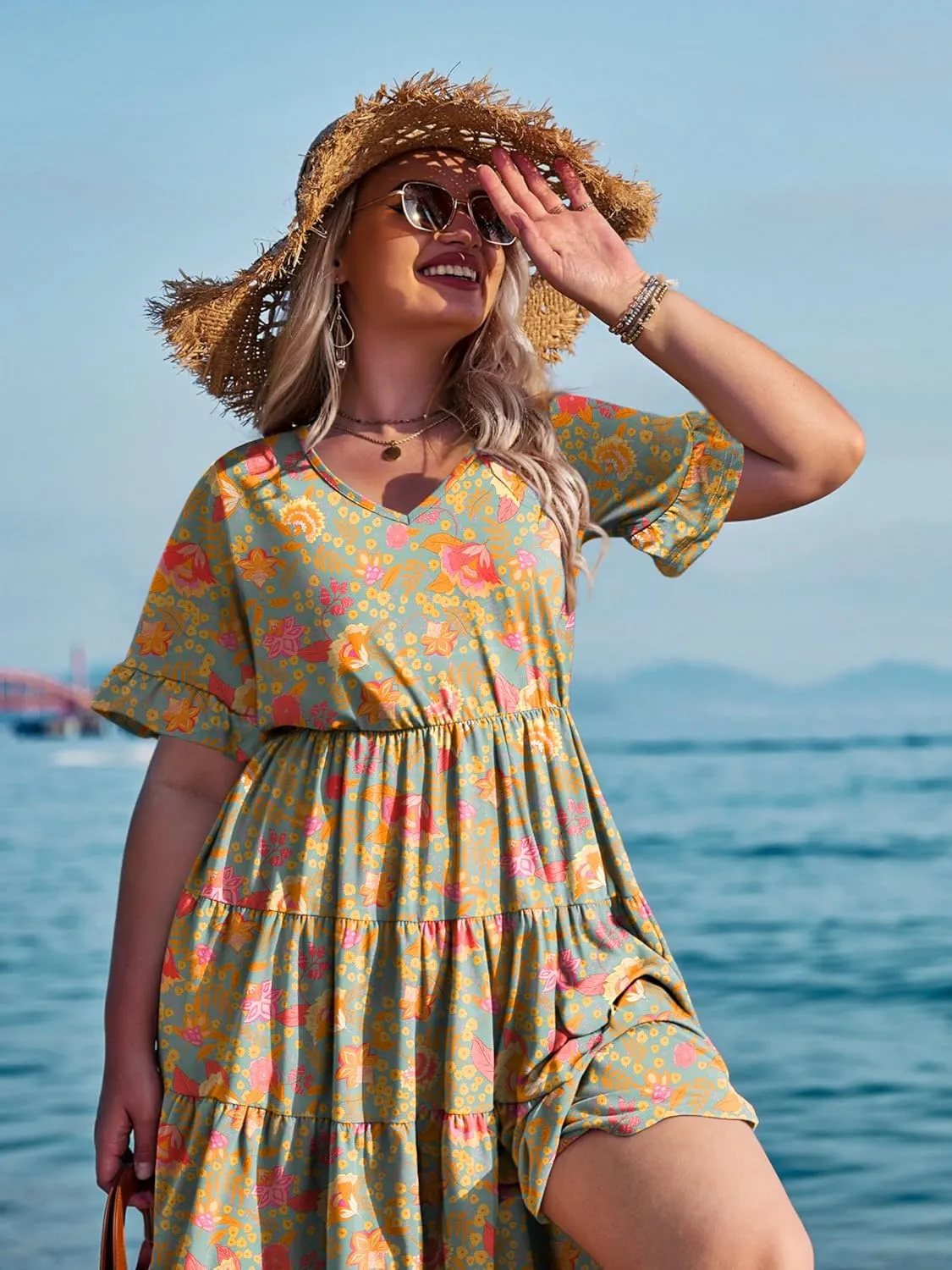 IN'VOLAND Womens Plus Size Short Sleeve Dress Summer Midi Casual Tiered V-Neck Aline Flowy Loose Dresses with Pockets