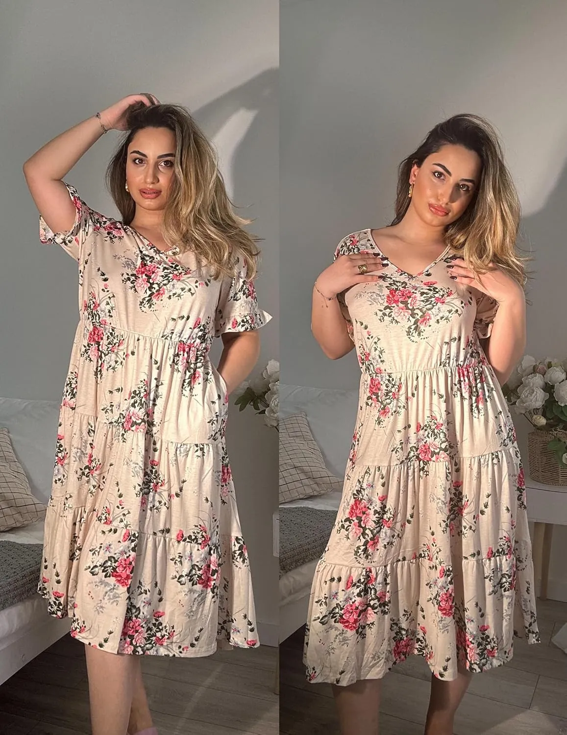 IN'VOLAND Womens Plus Size Short Sleeve Dress Summer Midi Casual Tiered V-Neck Aline Flowy Loose Dresses with Pockets