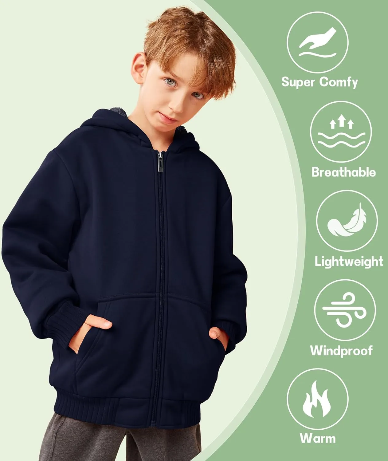 JACKETOWN Hoodie for Boys Fleece Jacket Zip Up Sherpa Lined Hooded Sweatshirts with Two Pockets 6-15 Years Old