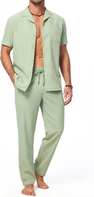 JMIERR Men 2 Piece Beach Vacation Outfit Pants Set Summer Cool Short Sleeve Casual Shirts