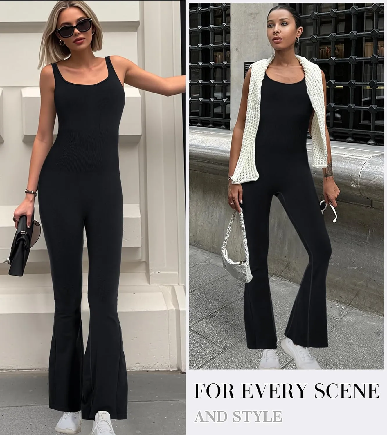 Jumpsuits for Women One Piece Workout Tummy Control Square Neck Sleeveless Flare Backless Outfits