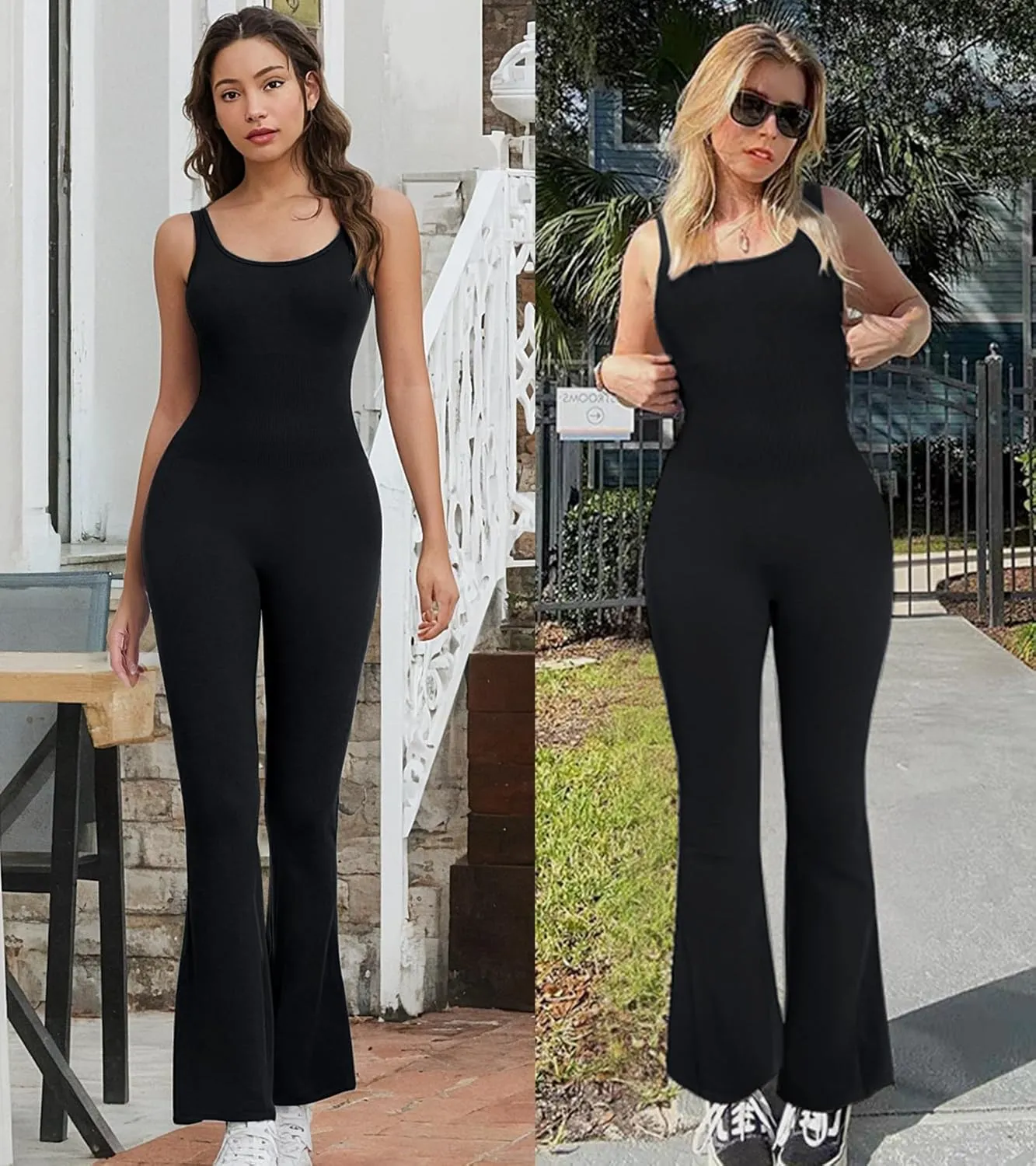 Jumpsuits for Women One Piece Workout Tummy Control Square Neck Sleeveless Flare Backless Outfits