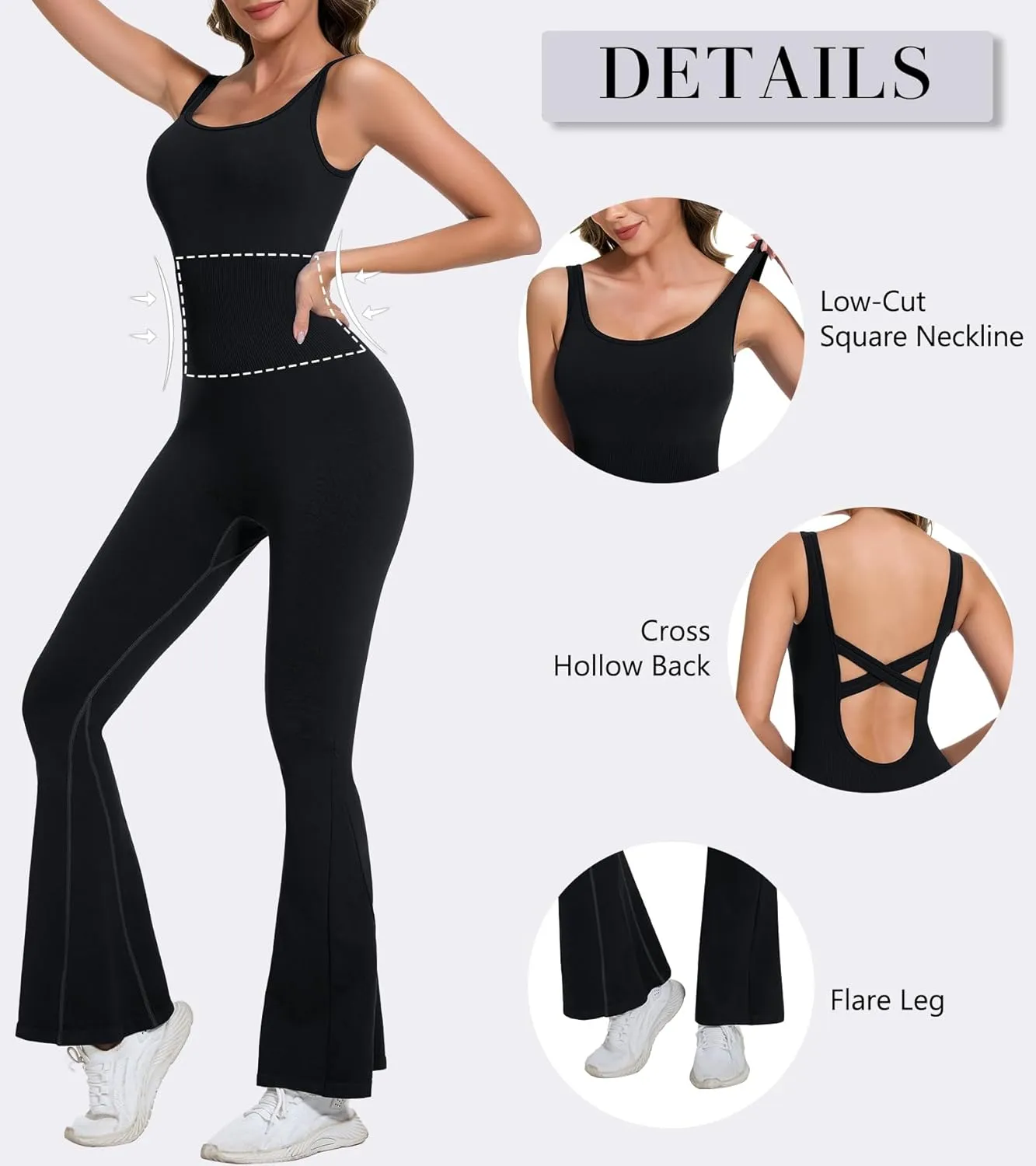Jumpsuits for Women One Piece Workout Tummy Control Square Neck Sleeveless Flare Backless Outfits