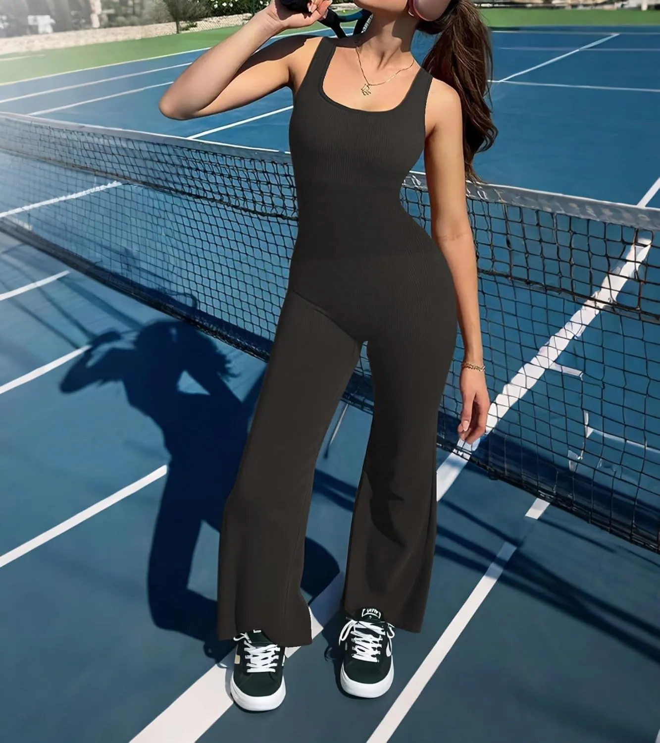 Jumpsuits for Women One Piece Workout Tummy Control Square Neck Sleeveless Flare Backless Outfits