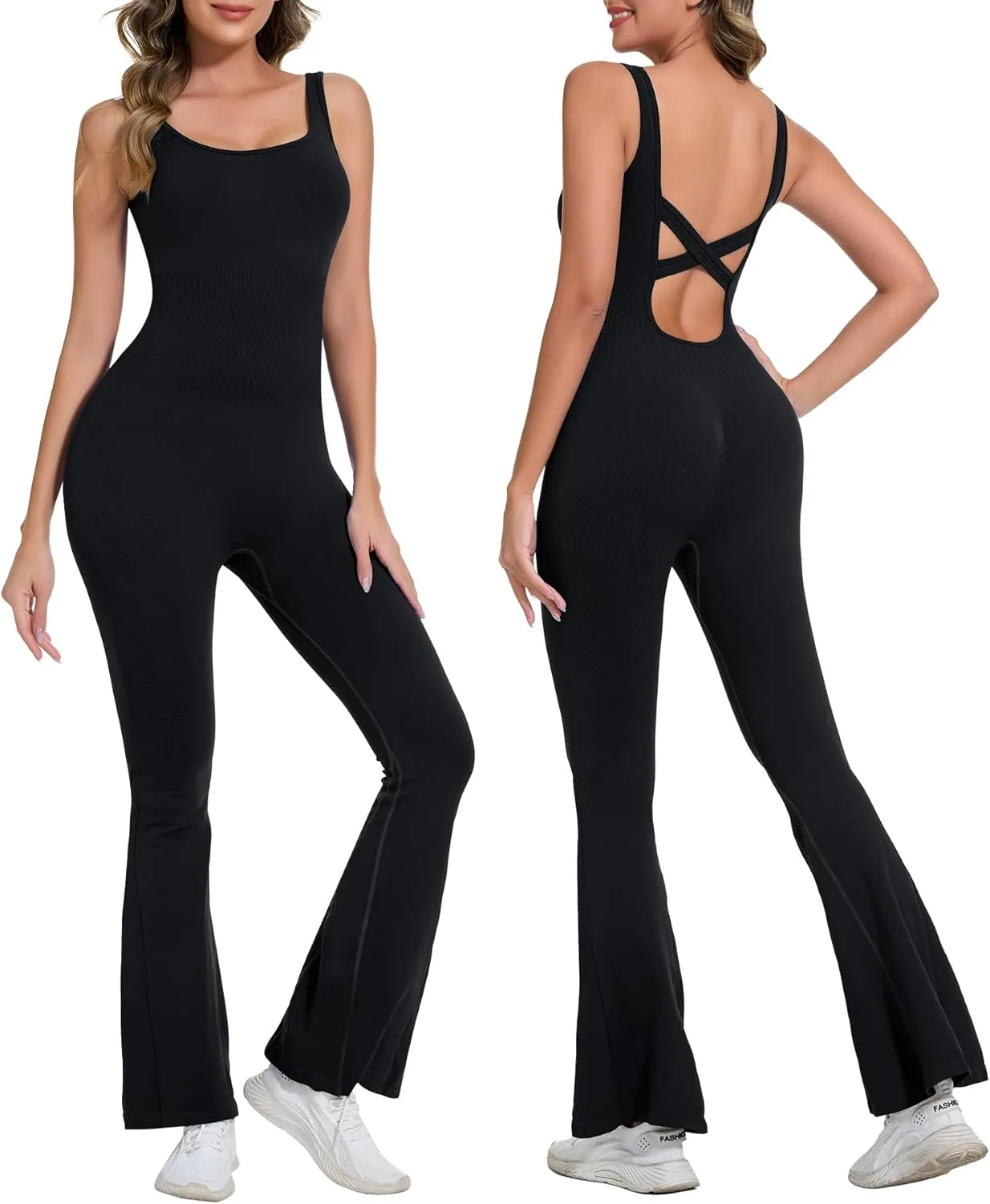 Jumpsuits for Women One Piece Workout Tummy Control Square Neck Sleeveless Flare Backless Outfits
