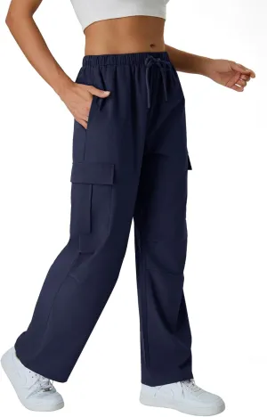 keriffe Women's Cargo Pants Quick Dry Lightweight Water-Resistant Hiking Pants Elastic High Waisted Drawstring 4 Pockets