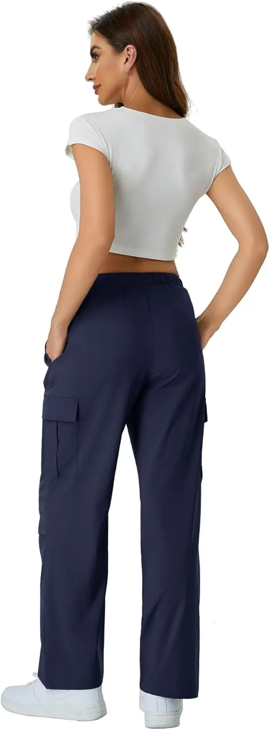 keriffe Women's Cargo Pants Quick Dry Lightweight Water-Resistant Hiking Pants Elastic High Waisted Drawstring 4 Pockets