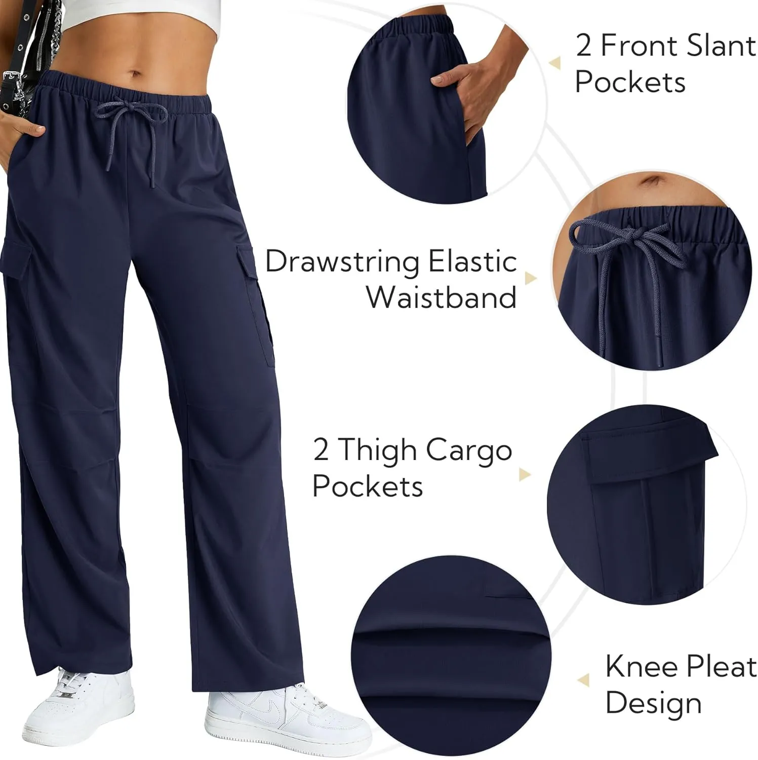 keriffe Women's Cargo Pants Quick Dry Lightweight Water-Resistant Hiking Pants Elastic High Waisted Drawstring 4 Pockets