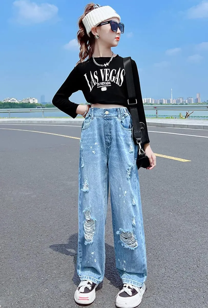 Kids Girls' Casual Wide Leg Baggy Ripped Jeans Cool Loose Fit Distressed Denim Pants Size 5-14 Years