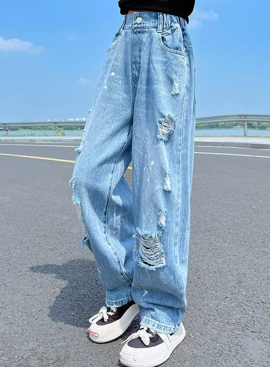 Kids Girls' Casual Wide Leg Baggy Ripped Jeans Cool Loose Fit Distressed Denim Pants Size 5-14 Years