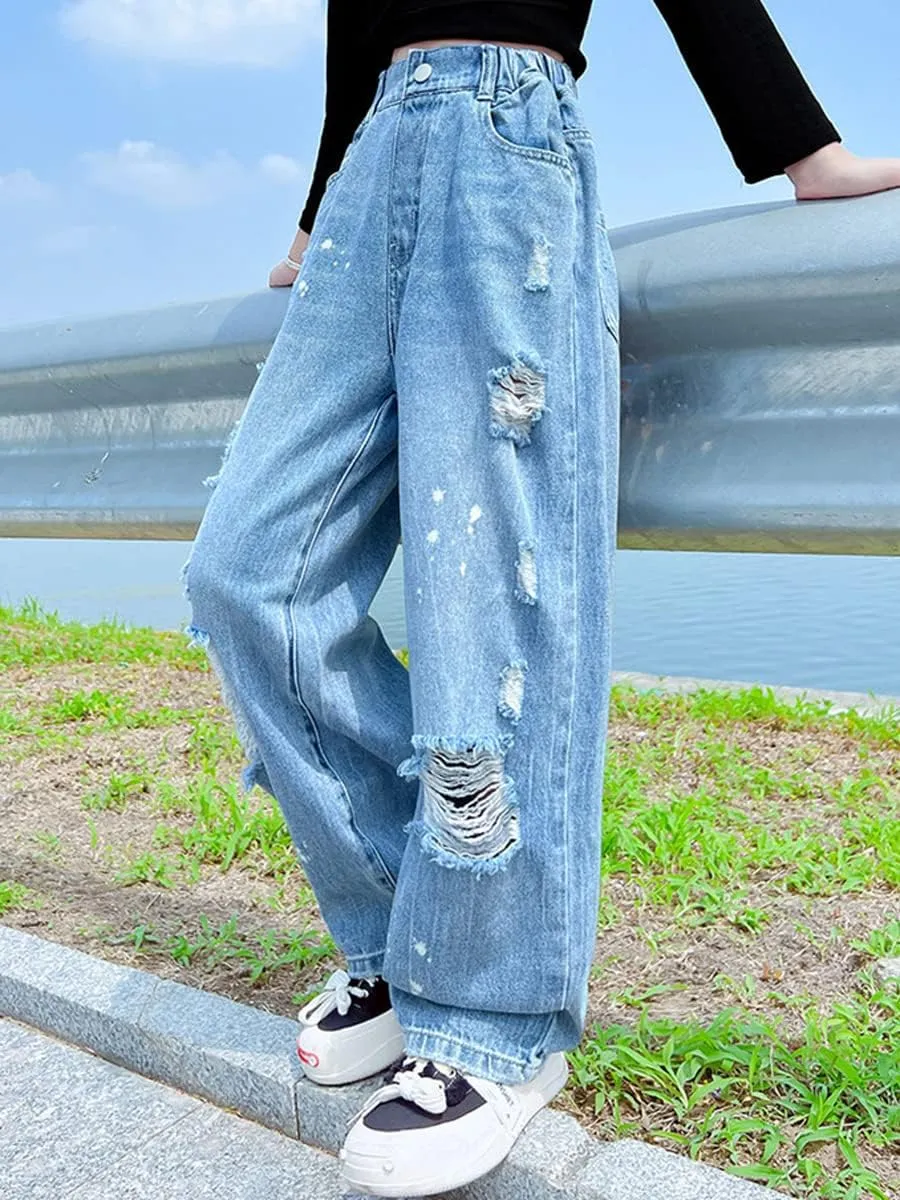 Kids Girls' Casual Wide Leg Baggy Ripped Jeans Cool Loose Fit Distressed Denim Pants Size 5-14 Years