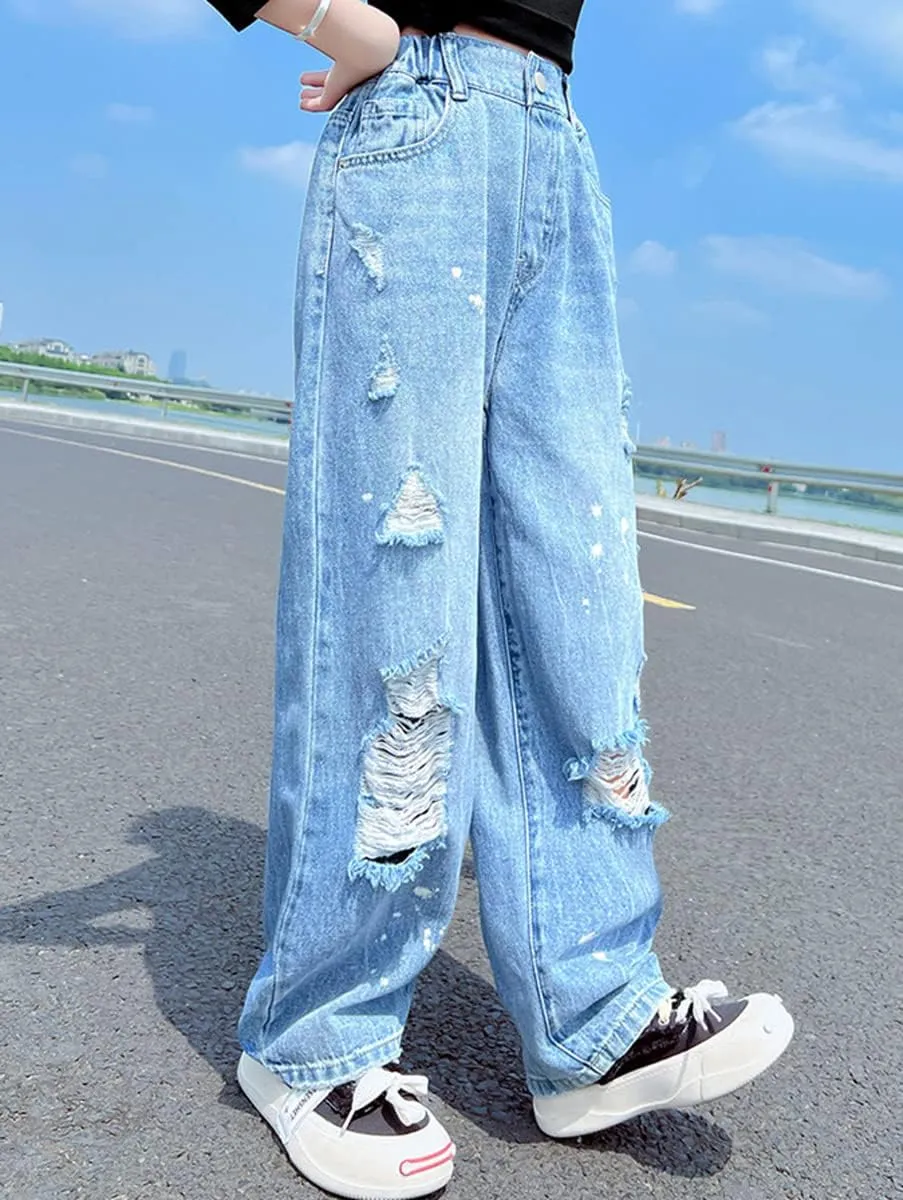 Kids Girls' Casual Wide Leg Baggy Ripped Jeans Cool Loose Fit Distressed Denim Pants Size 5-14 Years