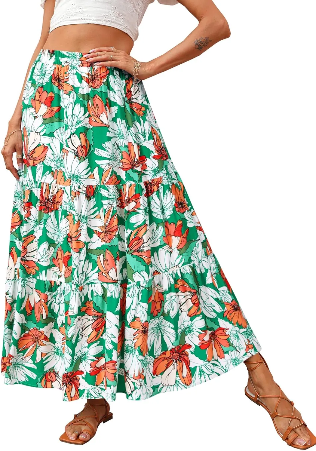 KIRUNDO Women's 2025 Spring Summer High Waist Boho Floral Maxi Skirt Casual Flowy Swing Pleated A Line Beach Long Skirts
