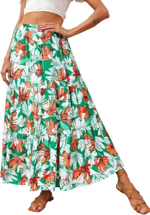 KIRUNDO Women's 2025 Spring Summer High Waist Boho Floral Maxi Skirt Casual Flowy Swing Pleated A Line Beach Long Skirts